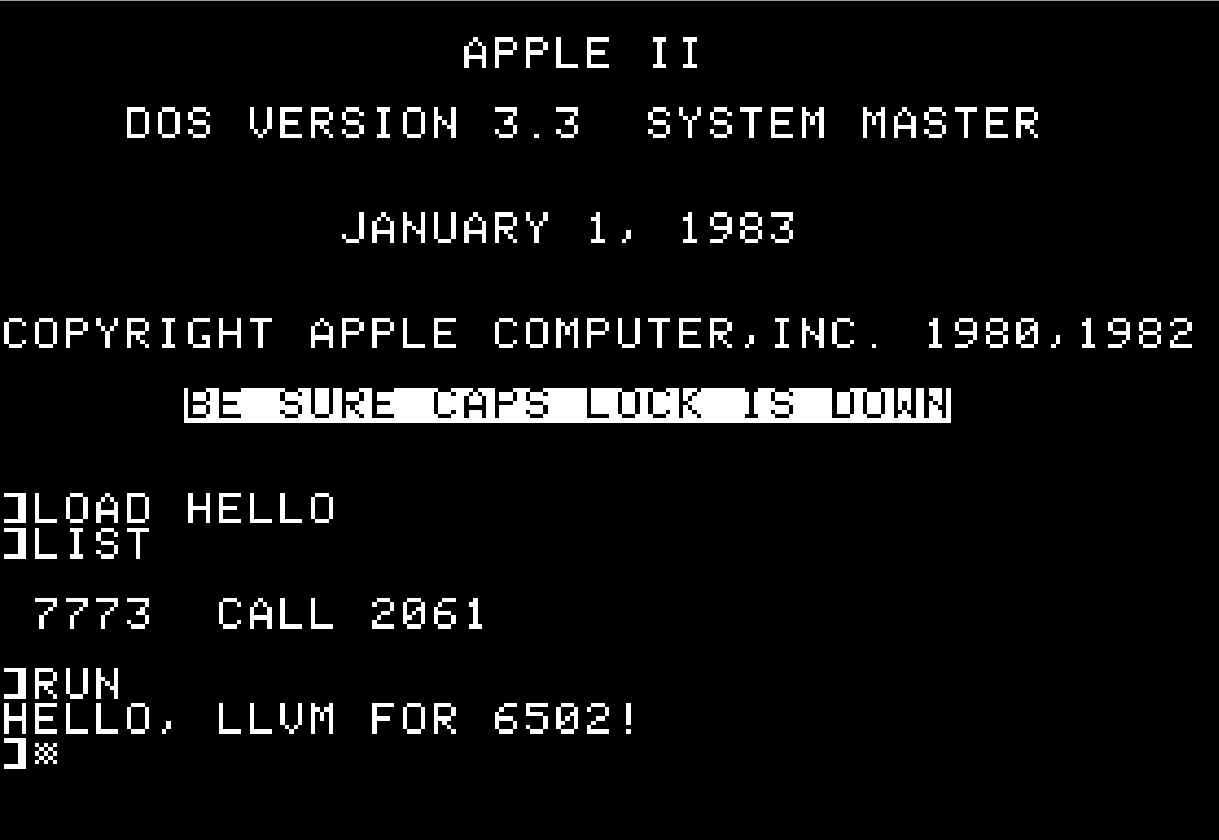 Hello, LLVM for 6502 for Apple II