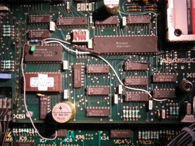 The video and RS232 board on the lathe, you can see the "flying wires" for EPROM bank switching".