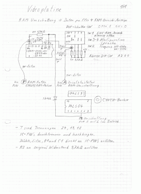 Sketch of modification on the Video board for CNC RAM switching and connection to the memory backup Goldcap on the EPROM board.<br />The leftmost free input from the DIP switches is used for display of CNC RAM area 1 or 2 on the monitor.<br />The other originally used switches select language and monitor frequency.