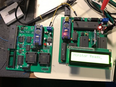 On right, my working 65C02 design. On left, working but unstable 65C816 board.