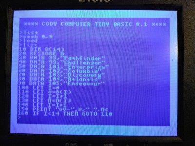 Loading a Cody Basic program. Also shows use of the RESTORE and DATA operations.