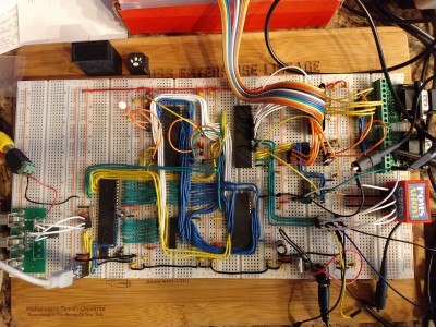 A view from the top. Propeller, 65C02, '541 buffer, 65C22, SRAM, 4051 (used as keyboard decoder) and '138 (used as SPI address decoder).