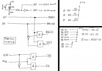 Glue logic and a list of IC pins (with pin number and name) wired to ground, VCC or held high with pull-up resistors.