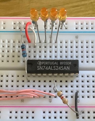 Front view of LEDs after a 74ALS245 being used as a buffer