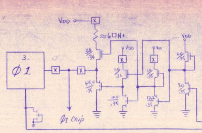 Credit: phi1chip pad 3 cropped from MOS Technology Sheet 2 "650X-C Logic Diagram Microprocessor" "Engineering Approval by ORGILL, MENSCH" dated 8-12-75, Scan: Courtesy of Donald F. Hanson, Dept. of Elec. Engr., Univ. of Mississippi