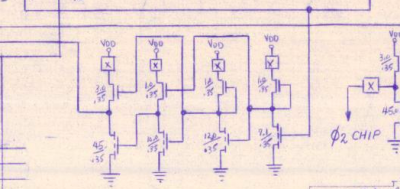 Credit: phi1off driver, optionally drives pad 3, cropped from MOS Technology Sheet 2 "650X-C Logic Diagram Microprocessor" "Engineering Approval by ORGILL, MENSCH" dated 8-12-75, Scan: Courtesy of Donald F. Hanson, Dept. of Elec. Engr., Univ. of Mississippi