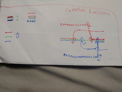 A NOT gate.<br /><br />NOTE this is for 3 color logic.<br /><br />Two color logic could use 3 mirrors per ( or 2?) NOT gate.<br /><br />Combined travel of light pulses =1<br /><br /> Separate travel = 0<br /><br />(Or vice versa if you want to be big endian or little endian about things?)
