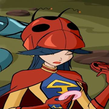 Winx Club, Season 1, Episode 13. Ladybug Techno Ninja with circular blinding weapon disguised as makeup.