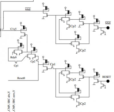 This corner of the 6502 - bottom right in Balazs' schematic - derives the internal signals Reset0 and C1x5