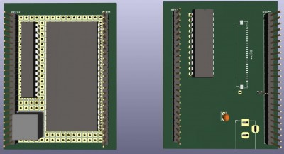 so here on the left side you have a 6502 and a clock can a 28 pin dip (might be too thin?) for the RAM.<br /><br />On the right side you have the outline for the display thin film connector socket (not sure on this yet, it varies, about that big)<br />you have a 28 pin ROM, a power connector, and room for a noise diode and maybe a buzzer or audio out, probably a 16 pin dip audio IC if careful, I'll see