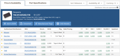 Octopart.com example search for 74LVC245AD,118