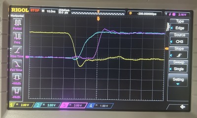 /MW clock-qualified with phi1 out from w65c02<br /><br />ch1 (yellow) is phi2 <br />ch2 (blue) is phi1 <br />ch3 (magenta) is /MW