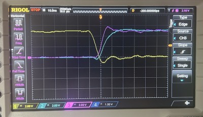 /MW clock-qualified with symmetric(?)  phi2, /phi2 from hc74 flipflop<br /><br />ch1 (yellow) is phi2 <br />ch2 (blue) is phi1<br />ch3 (magenta) is /MW