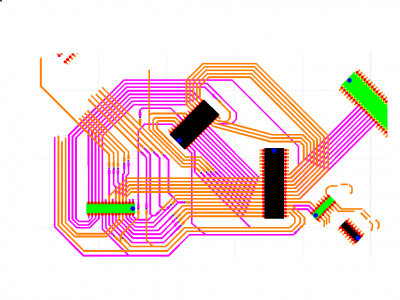 Full plan (so far); orange = topside; pink = obverse (reverse) side; black equals IC package topside; green = IC package bottomside; gold/yellow = pins ; blue-black dots = drill holes