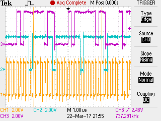 upper trace = D0, medium trace = CS7B, bottom trace = PHI2