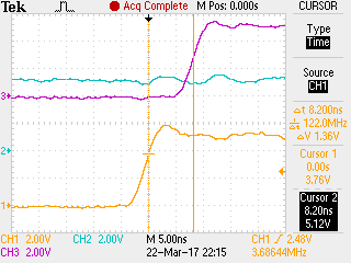 upper trace = D0, medium trace = CS7B, bottom trace = PHI2