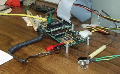 SCSI-SE Host Adaptor Attached to POC V1.1.  In this picture, I have my logic probe monitoring the DREQ DMA handshake signal.