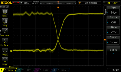 Slower rise time. Signals look nice and clean. Driven by 74HC245